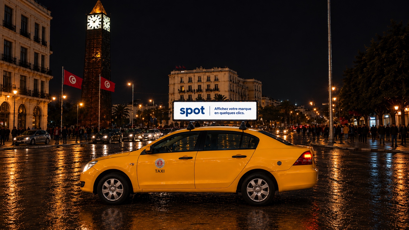Taxi SpotScreens, écran LED allumé, Tunis en arrière-plan