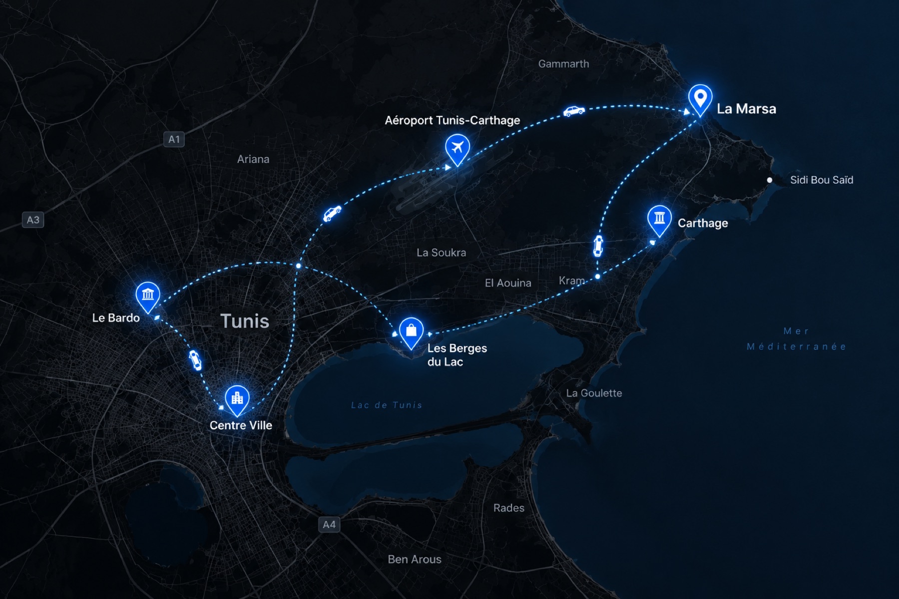 Carte du Grand Tunis et parcours SpotScreens